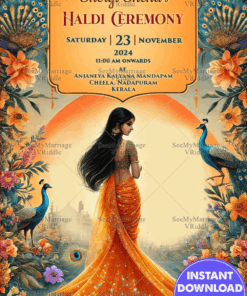 Vibrant Haldi Ceremony Invitation with Peacock Theme and Floral Background