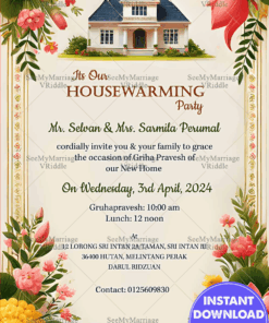 Vibrant Housewarming invitation with Floral Theme and Golden Frame Background
