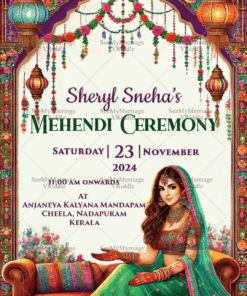 Vibrant Mehendi Ceremony Invitation with White Theme Background and Lanterns Decor Background