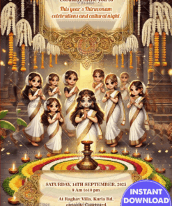 Traditional Onam Thiruvonam Celebrations Invitation Card with Kerala Theme Cartoon Characters
