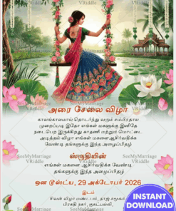 Beautiful Tamil Half Saree Ceremony Invitation with Intricate Floral Swing Theme and Lake Backdrop
