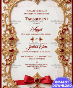 Luxurious Golden Engagement Invitation Card with Red Gemstone Accents Background