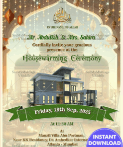 Muslim Housewarming Invitation Card with Modern Home Illustration and String Lights Background