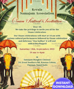 Onam Festival Invitation Card with Traditional Elephants and Pookalam Design