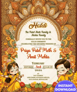Ornate Haldi Ceremony Invitation Card with Dancing Cartoon Couple and Floral Patterns Background