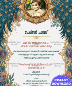 Peacock Theme Malayalam Peridal Chadangu Ceremony Invitation Card with Golden Accents and Add Photo Background
