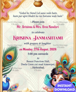Traditional Krishna Janmashtami Invitation Card with Baby Krishna Theme and Peacock Motifs Background