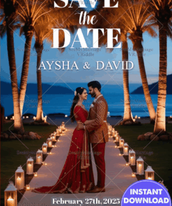 Tropical Elegance Beachside Wedding Save the Date with Lantern Pathway