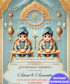 Twin Boys Annaprashan Ceremony Invitation with Regal Blue and Gold Theme and Cute Cartoon Illustration Background