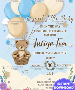 Balloon Adventure Baby Shower Invitation Card with Teddy Theme