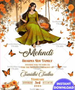 Butterfly Garden Mehndi Ceremony Invitation Card with Floral Swing Theme
