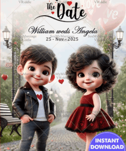 Caricature Theme Save The Date Wedding Card with Enchanted Garden Background