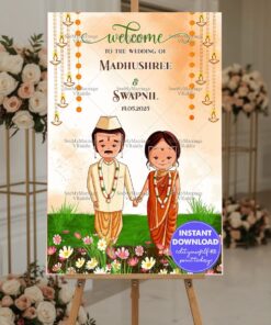 Cartoon Couple Theme Marathi Wedding Welcome Poster