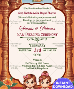 Cartoon Theme Twins Baby Ear Piercing Ceremony Invitation Card with Ornate Arch Background