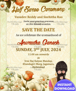Charming Blossoms Half Saree Ceremony Invitation Card with Light Green Theme Background