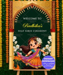 Colorful Cartoon Girl Half Saree Ceremony Welcome Poster