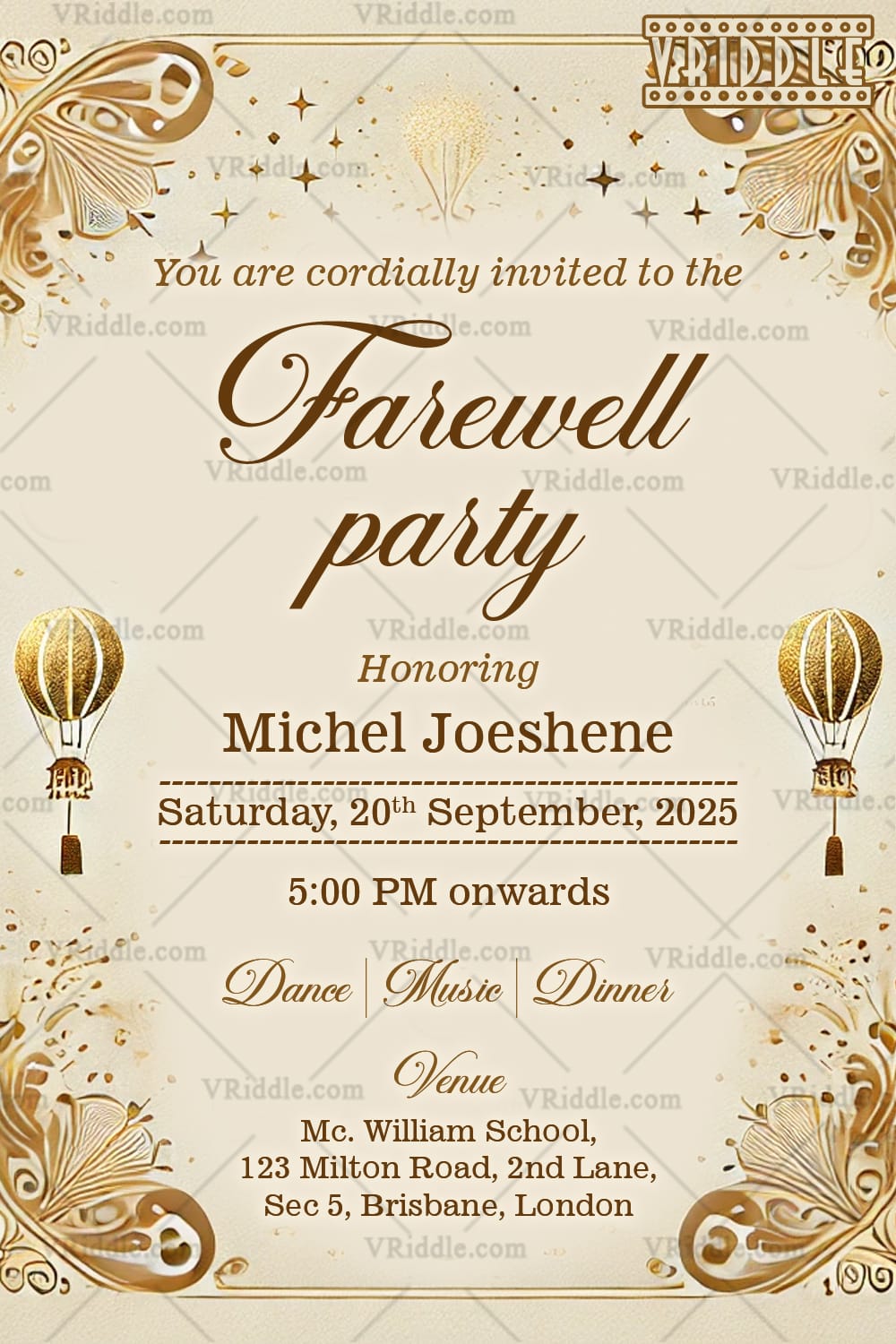 Golden Butterfly Farewell Party Invitation Card with Air Balloons Theme - Image 2