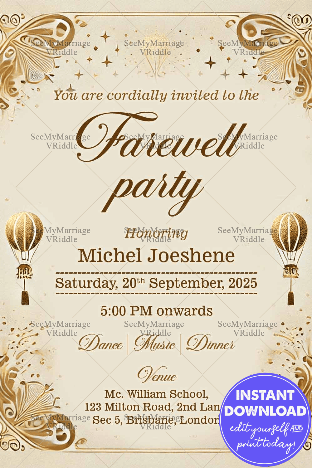 Golden Butterfly Farewell Party Invitation Card with Air Balloons Theme