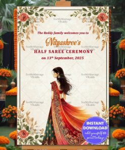 Graceful Elegance Half Saree Ceremony Welcome Poster with Floral Borders