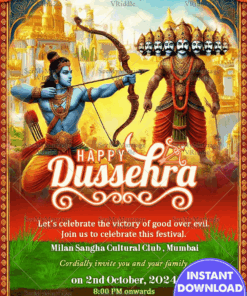 Grand Dusshera Festival Invitation Card with Lord Rama and Ravana Illustration