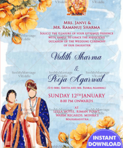 Grand Marathi Wedding Ceremony Invitation Card with Blue Theme Backdrop