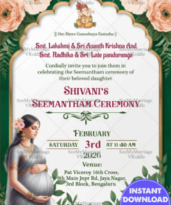 Green Garden Theme Seemantham Ceremony Invitation Card with Floral Background