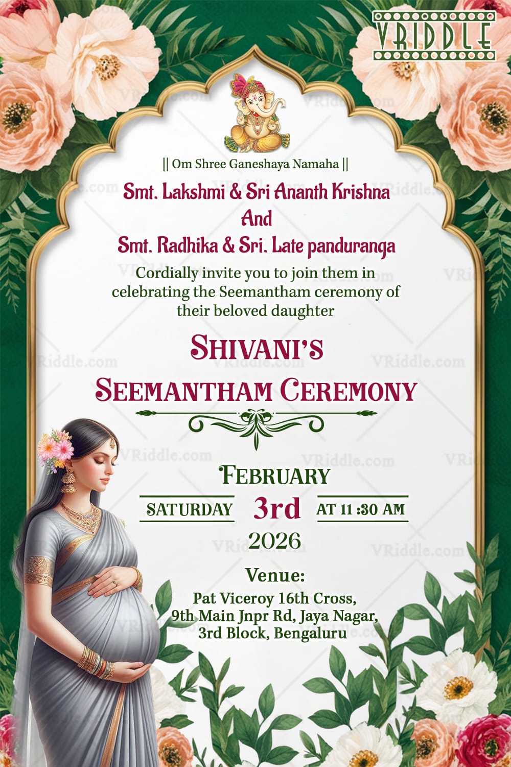 Green Garden Theme Seemantham Ceremony Invitation Card with Floral Background - Image 2