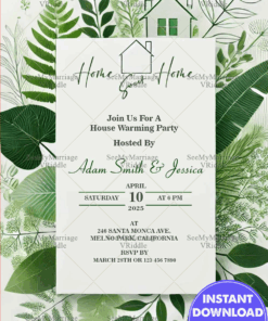 Green Leaf Serenity Housewarming Party Invitation Card with White Theme Background
