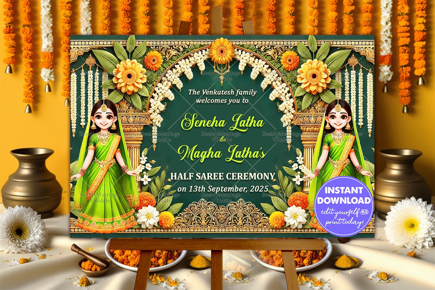 Green Theme Half Saree Ceremony Welcome Poster with Two Cartoon Sisters Character
