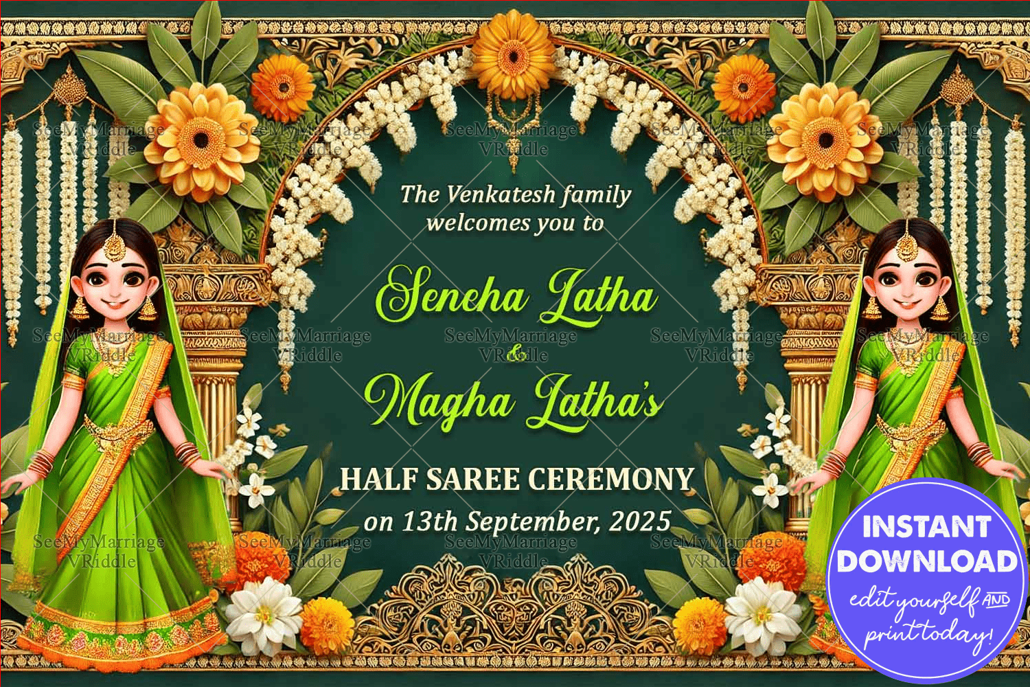Green Theme Half Saree Ceremony Welcome Poster with Two Cartoon Sisters Character - Image 2