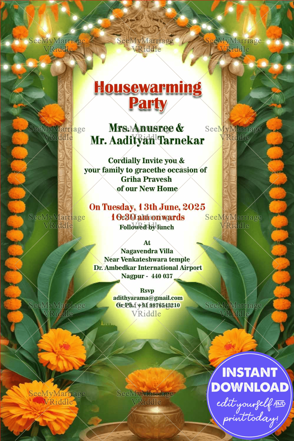 Marigold Magic Housewarming Party Invitation card with String Lights Decor