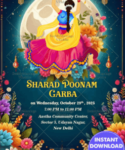 Moonlit Garba Dance Sharad Poonam Invitation Card with Floral Theme