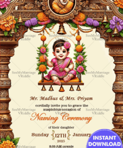 Ornate Naming Ceremony Baby Girl on Floral Swing Invitation Card