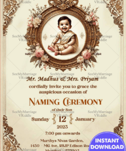 Ornate Naming Invitation Baby Boy in Golden Frame Design