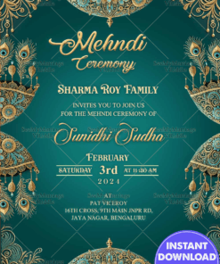 Ornate Umbrella Theme Mehndi Ceremony Invitation Card with Teal Blue Color Background