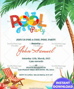 Palm Paradise Theme Pool Party Celebration Invitation Card with Sunshine Background