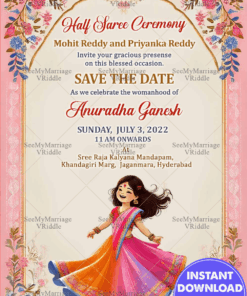 Pink Theme Half Saree Ceremony Invitation Card with Cartoon Girl Character and Floral Design