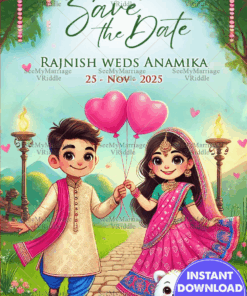 Playful Cartoon Couple Theme Save The Date Wedding Card with Lush Garden Backdrop