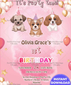 Puppy Themed Birthday Blast Invitation Card with Pink Color Background