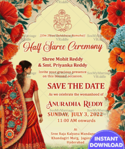 Red Blossom Theme Half Saree Ceremony Invitation Card with Garden Background