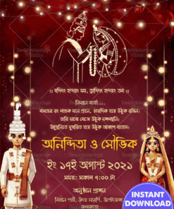 Red and Gold Theme Bengali Wedding Ceremony Invitation Card with String Lights Decor