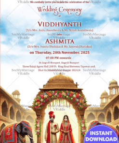 Regal Palace Gujarati Wedding Invitation Card with Elephant Theme Background