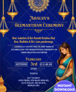 Royal Blue Theme Seemantham Ceremony Invitation Card with Ornate Mandala Decor