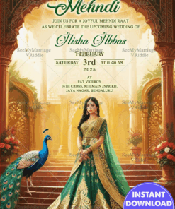 Royal Mehndi Ceremony Invitation Card with Peacock Theme and Palatial Backdrop