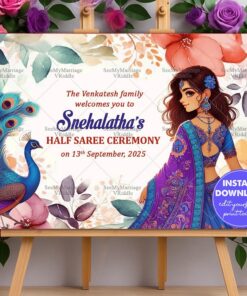 Royal Peacock Theme Half Saree Ceremony Welcome Poster