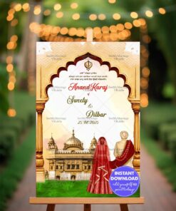 Royal Punjabi Anand Karaj Wedding Ceremony Welcome Poster with Backturned Couple Illustration