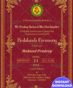 Sacred Bratabanda Ceremony Invitation Card with Maroon Theme Background