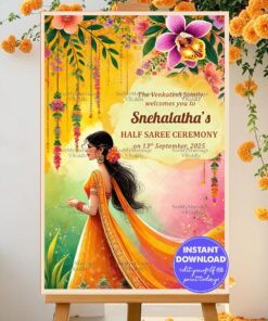 Saffron Swirls and Blooms Theme Half Saree Ceremony Welcome Poster