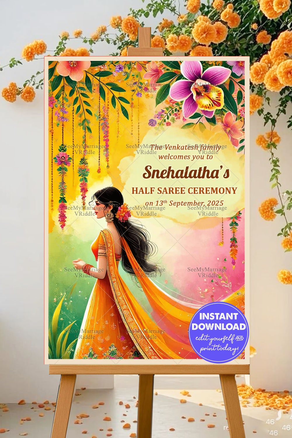 Saffron Swirls and Blooms Theme Half Saree Ceremony Welcome Poster