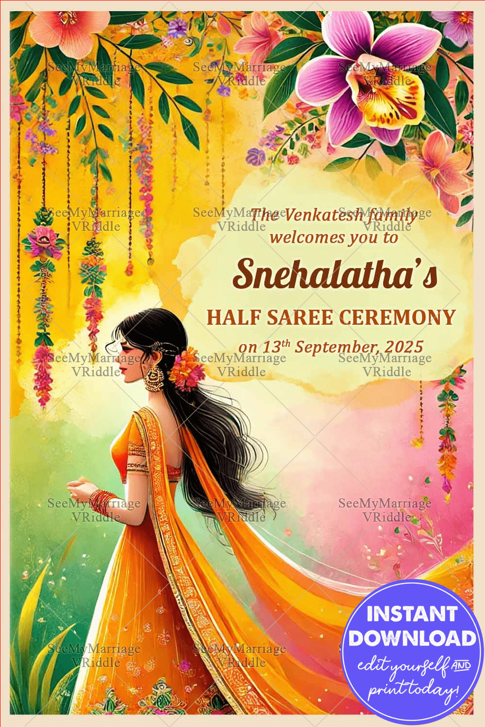 Saffron Swirls and Blooms Theme Half Saree Ceremony Welcome Poster - Image 2
